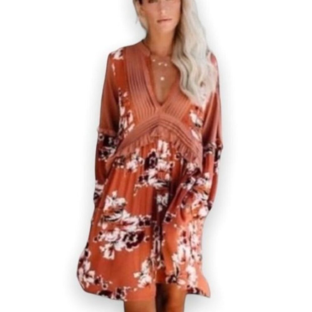 Vici ruffle floral long sleeve mini dress rust color size small